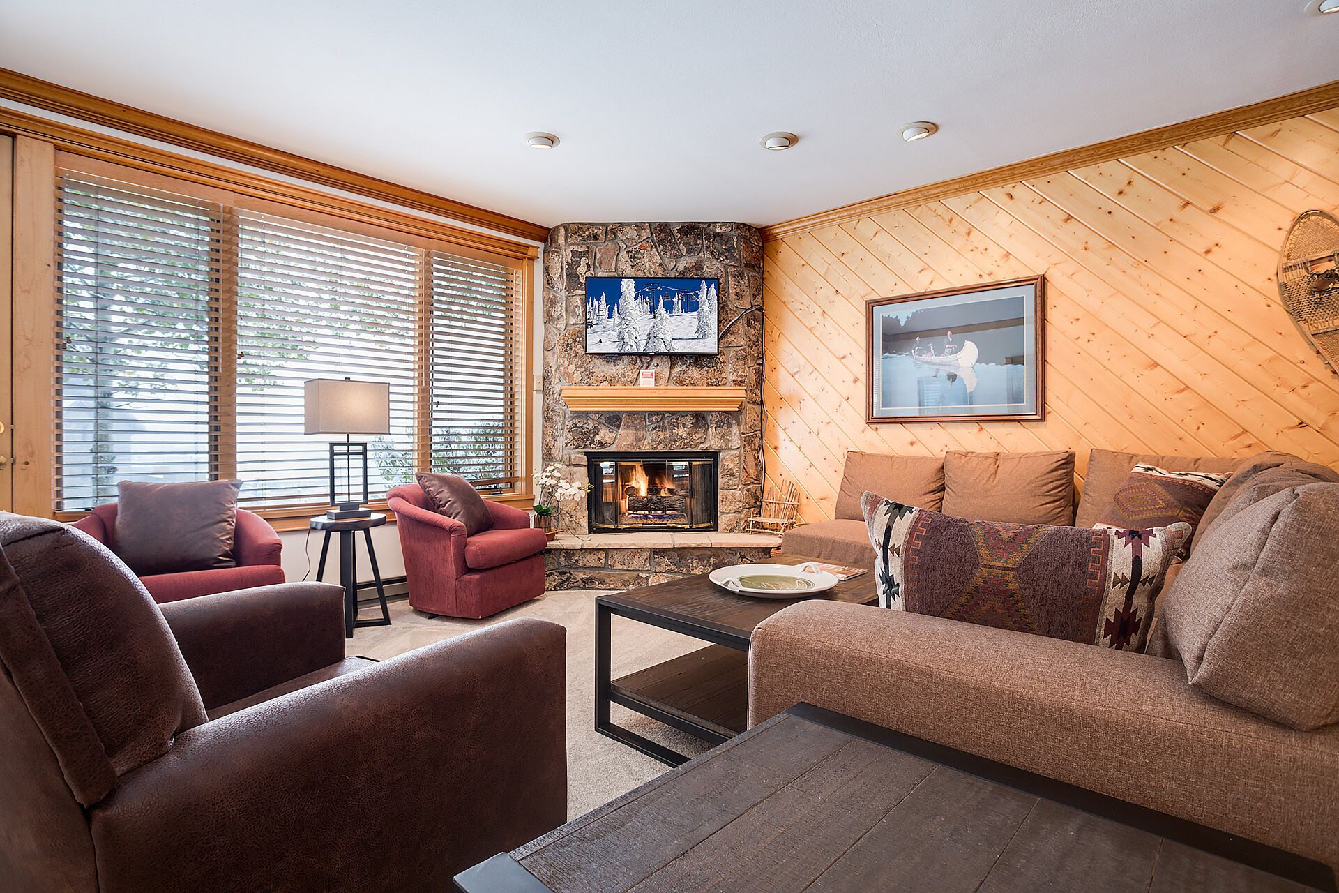 Un accogliente soggiorno con camino in pietra, pareti in legno e ampie finestre con tende.