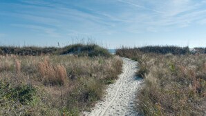 A sandy path through a grassy area with a clear sky. - Stunning Oceanfront Retreat. Steps to the sand and Coligny! (Hilton Head)