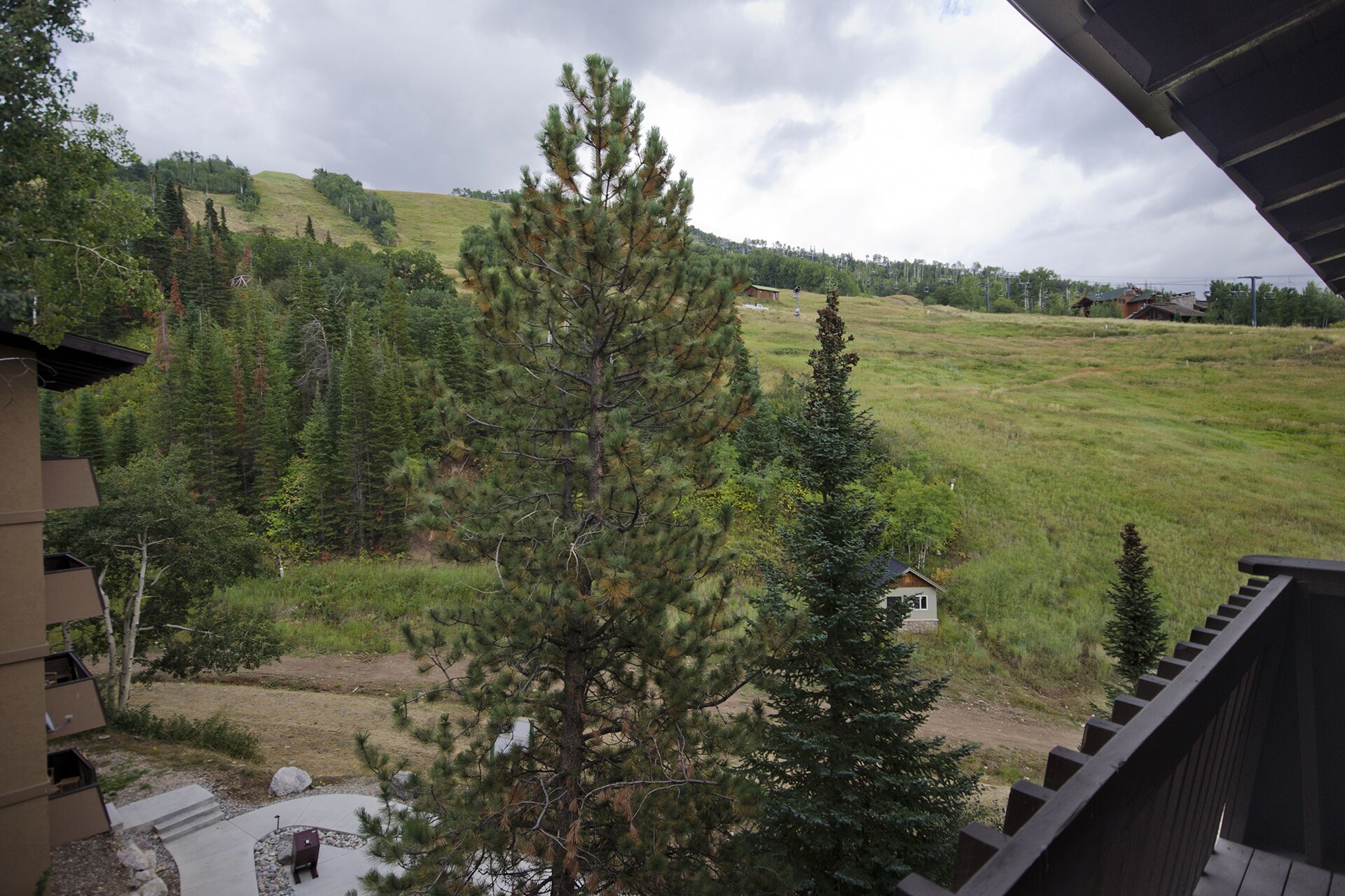 Une vue depuis un balcon donnant sur un champ verdoyant, avec des arbres et une colline au loin.
