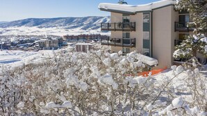 A multi-story building with balconies, surrounded by snow-covered trees and a mountainous landscape in the background.