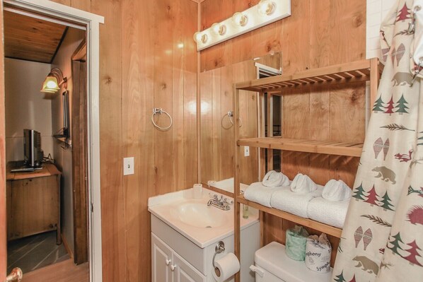 Ein Badezimmer aus Holz mit Waschbecken, Spiegel, Handtuchhalter und Toilette.