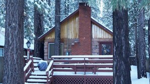 Una cabaña de madera con chimenea de ladrillo, rodeada de árboles cubiertos de nieve.