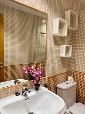 A bathroom with a sink, mirror, toilet, and a potted orchid. - Apartment, WITH POOL VIEWS - NEXT TO THE BEACH-IDEAL FOR FAMILIES (Costa Calma)