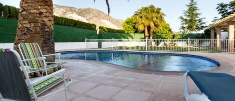 A swimming pool with lounge chairs, a palm tree, and a mountain backdrop.