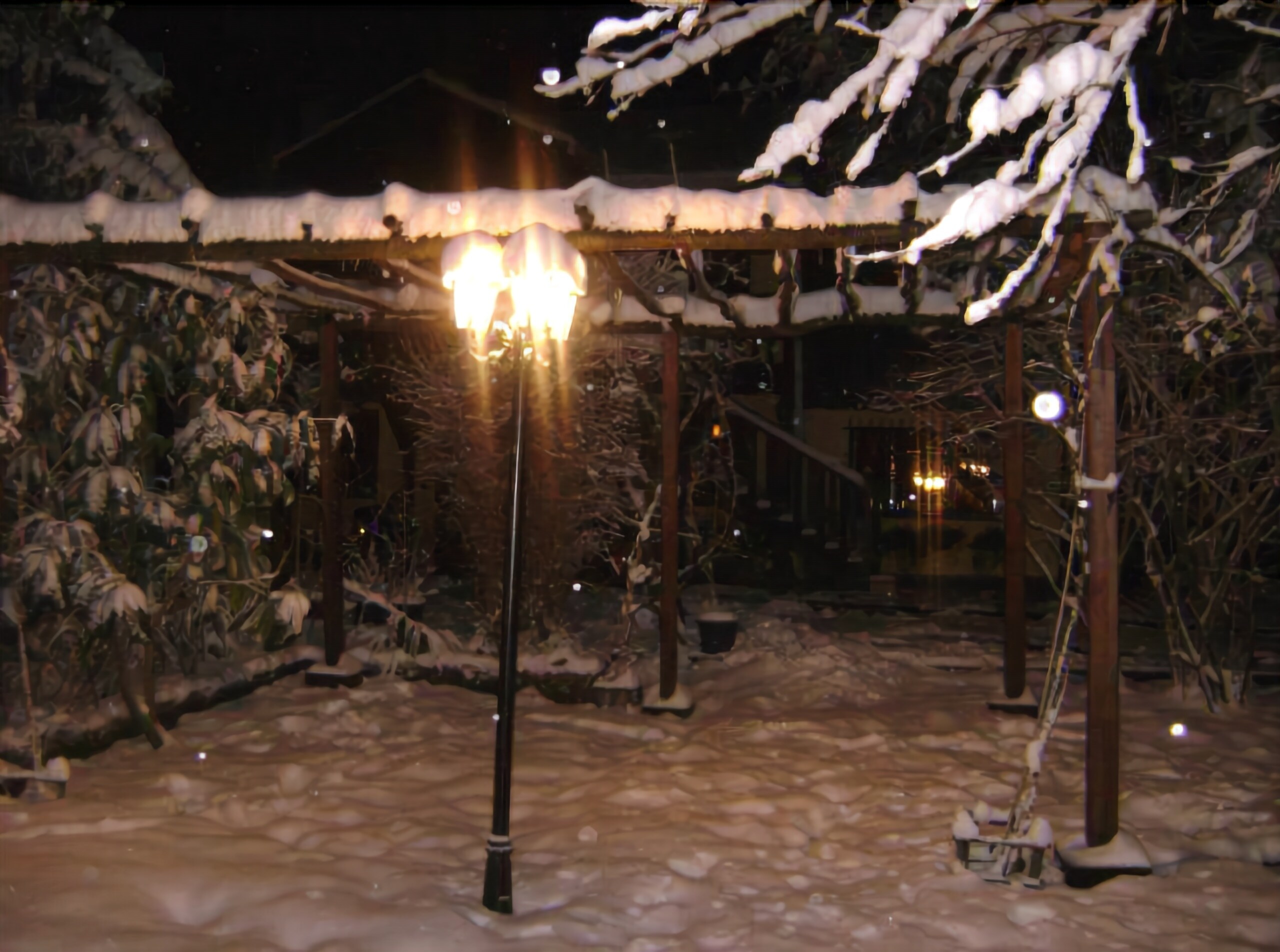 Un espacio exterior cubierto de nieve con un pabellón y un farol.