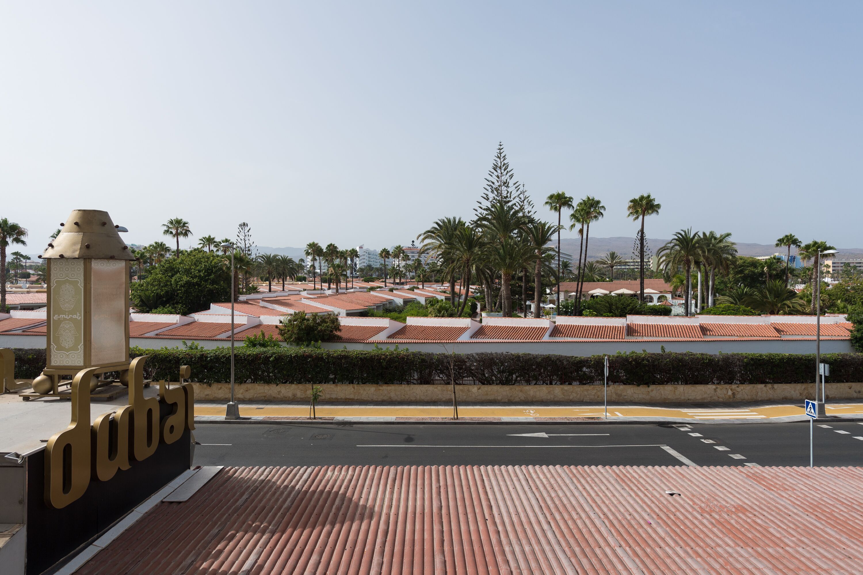Straatbeeld met een 'Dubai'-bord, palmbomen en gebouwen met rode pannendaken.