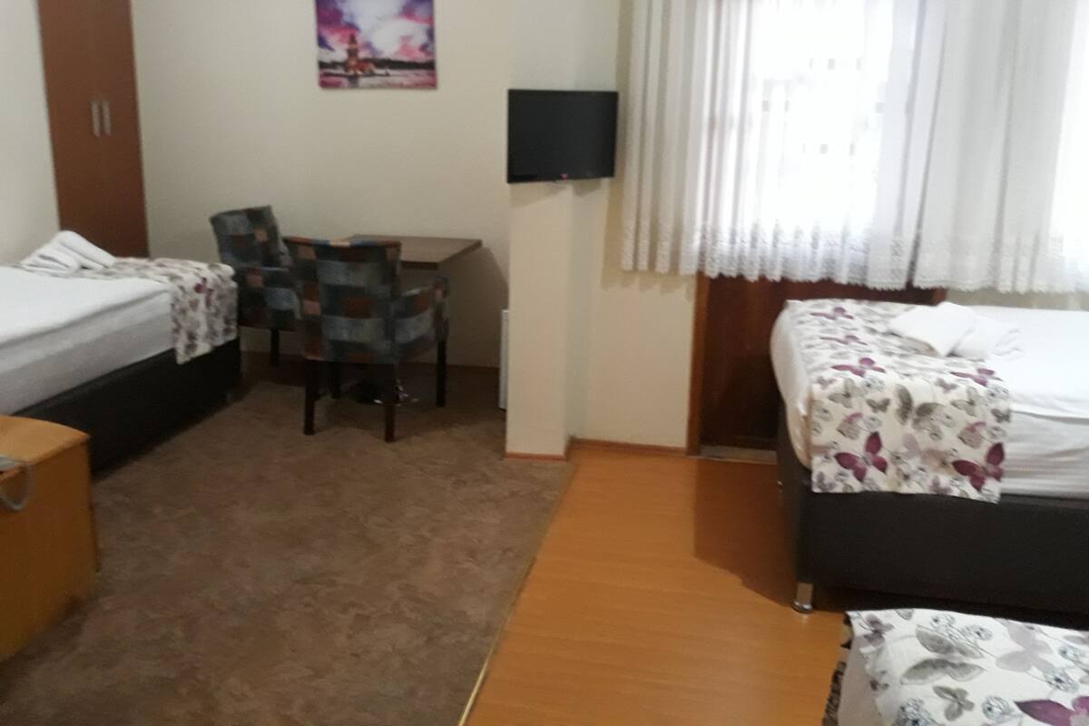 A hotel room with two single beds, a desk, a chair, a TV, and a window with curtains.