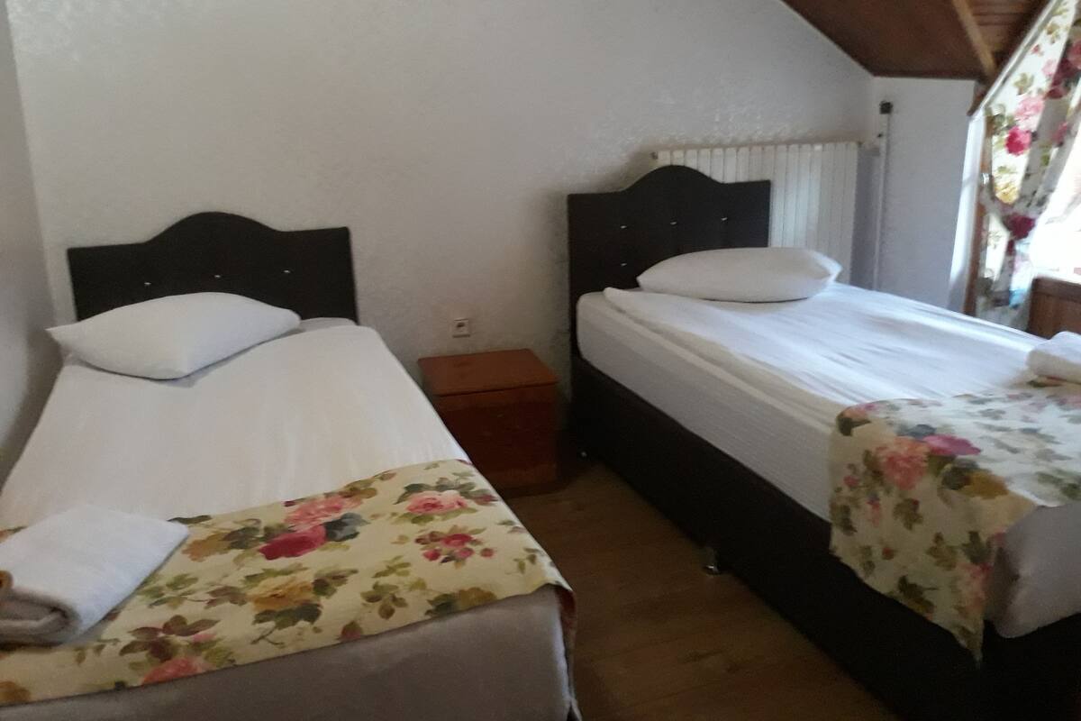 A room with two single beds, each with a headboard and a pillow. There is a small wooden nightstand between the beds.