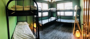 A bunk bed room with a wooden floor, a standing lamp, and a window with a view. - Avocado Guesthouse - Hostel (Seoul)