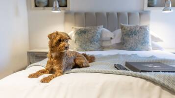 Un petit chien allongé sur un lit, avec une télécommande et un livre à proximité.