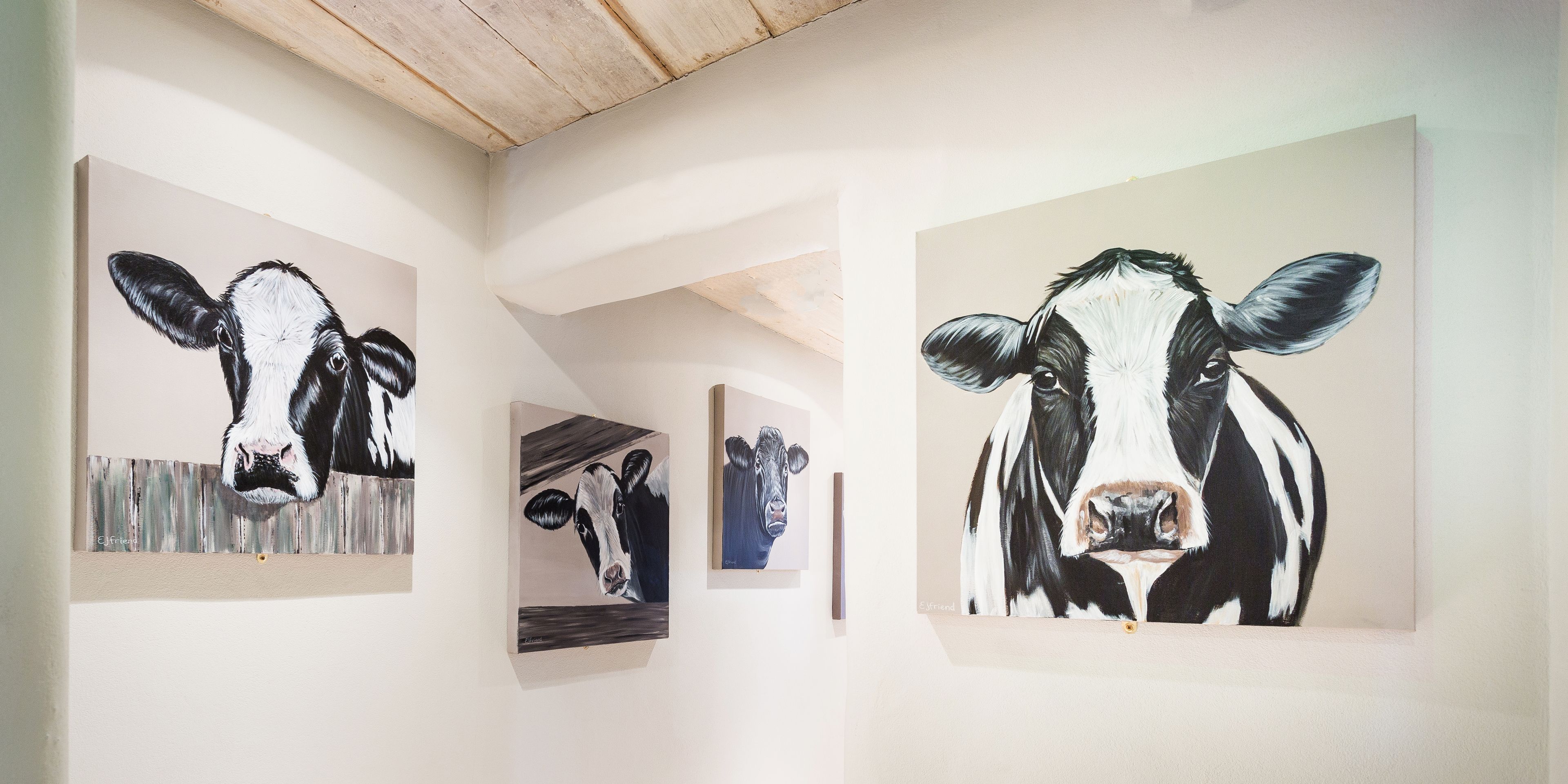 A corridor with three paintings of cows on the walls.