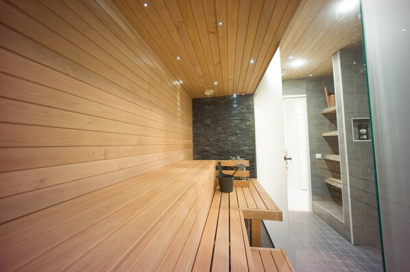 Shower, rainfall showerhead, hair dryer, towels