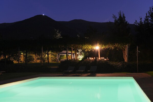 Outdoor pool, pool umbrellas, pool loungers