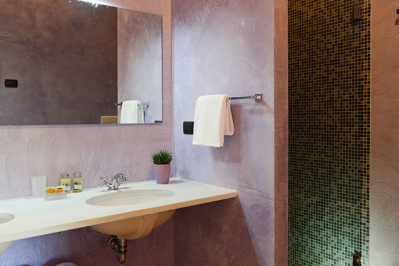 A bathroom with a double sink, a mirror, a towel rack, and a potted plant.