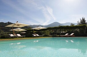 Una piscina al aire libre, sombrillas, sillones reclinables de piscina