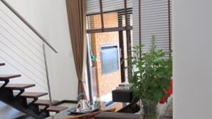 Ein modernes Wohnzimmer mit Treppe, Esstisch und Topfpflanze.