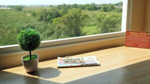 A window with a small potted tree and a magazine on a windowsill. - Triple Trees (Lam Luk Ka)