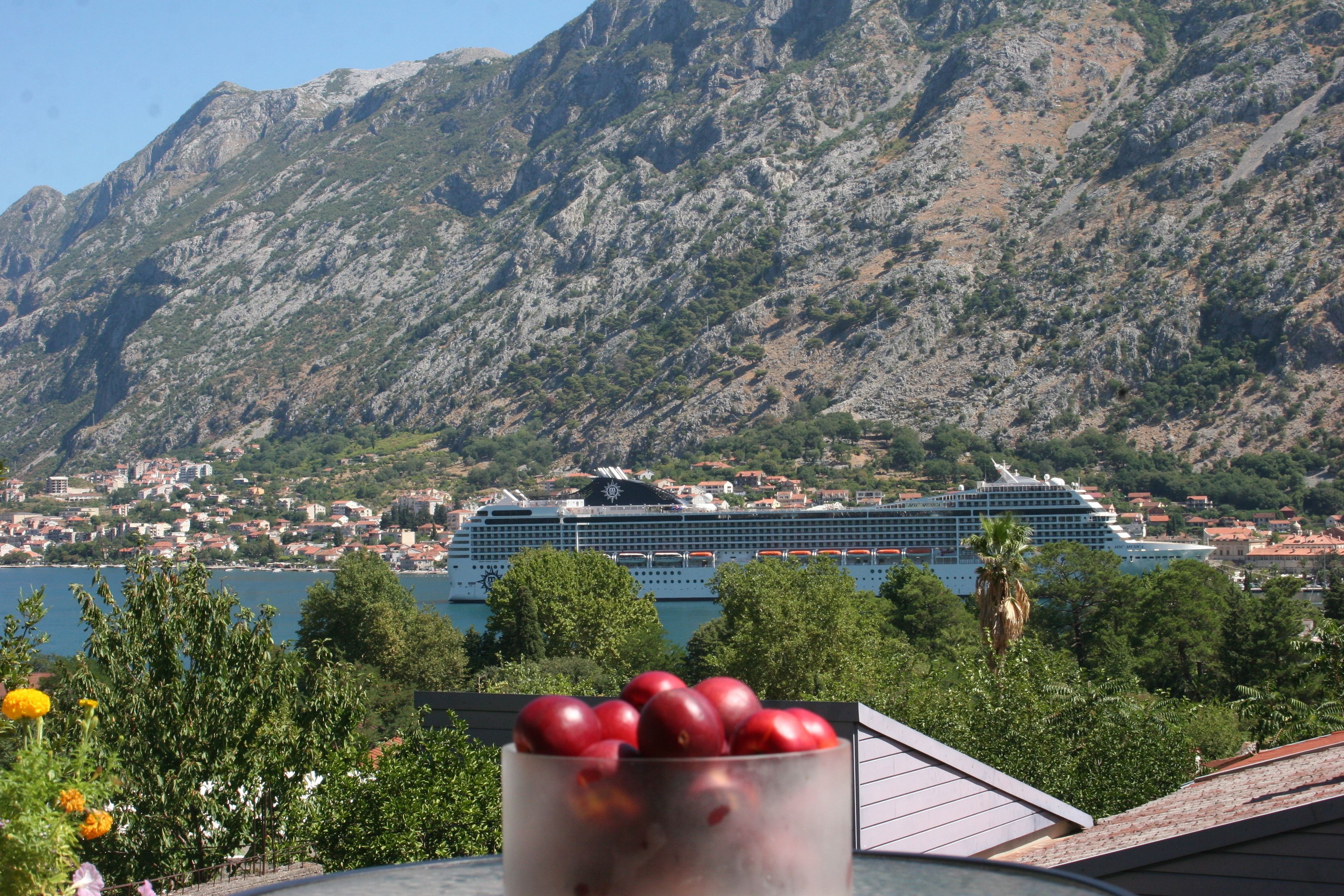 Un paysage montagneux avec un navire de croisière en arrière-plan, un verre de baies rouges et une vue sur une ville de l’autre côté d’une étendue d’eau.