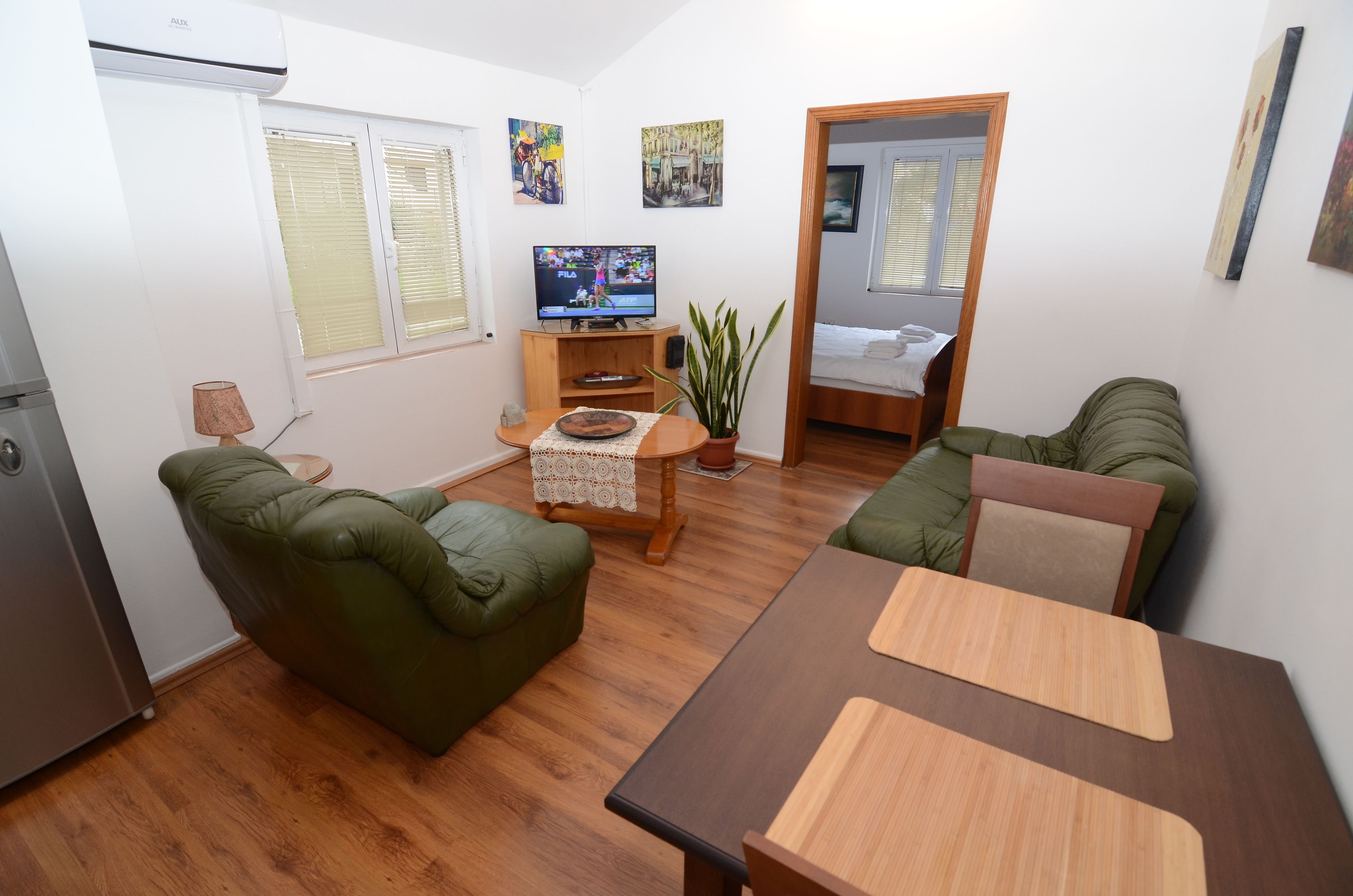 Un espacio habitable compacto con sofá, mesa de comedor, televisor y una planta en maceta.