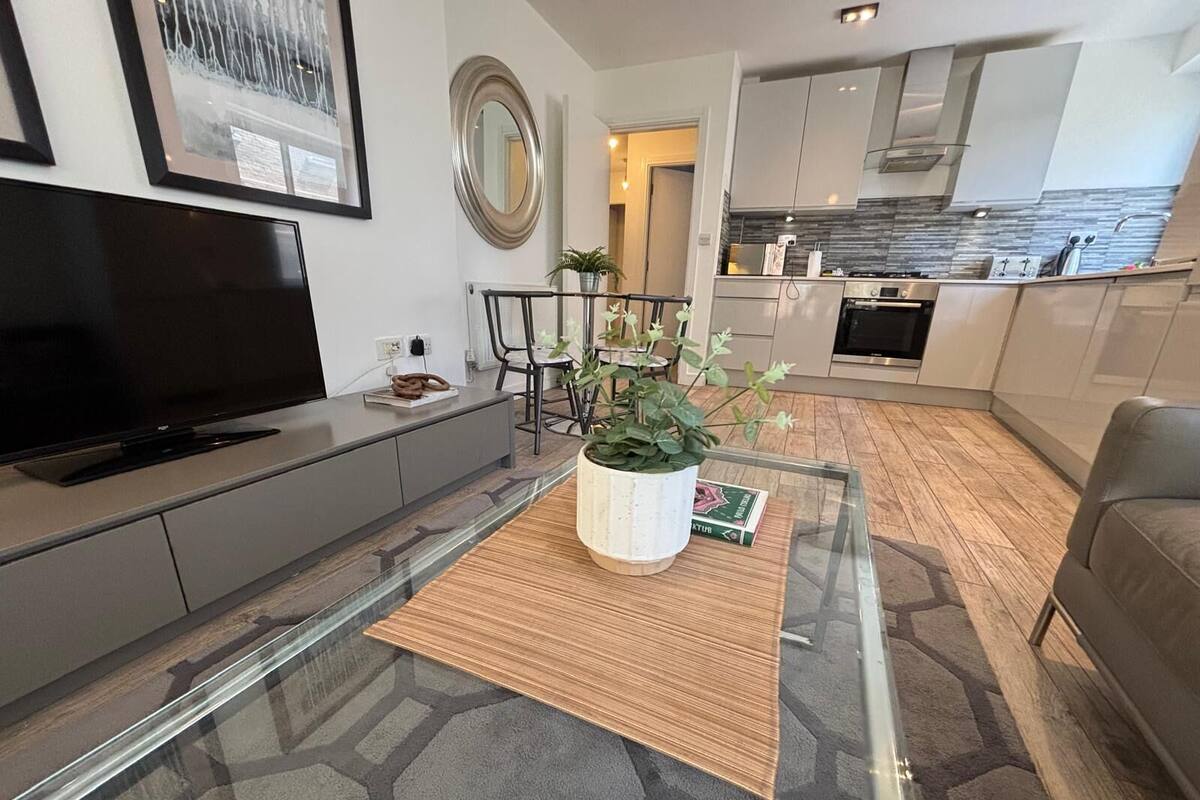 A modern living room with a flat-screen TV, a coffee table with a plant, and a glass coffee table.