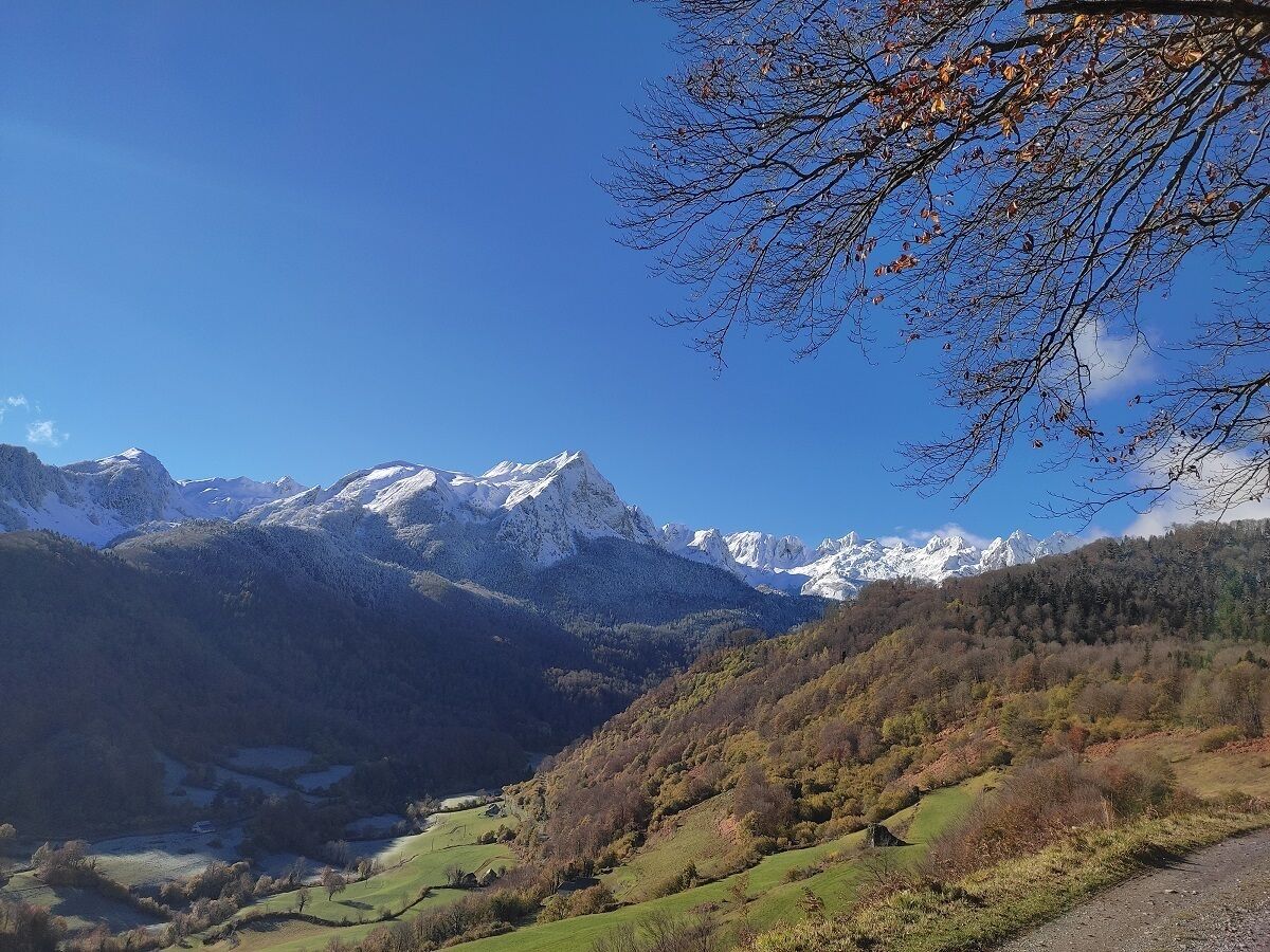 A mountainous landscape with snow-capped peaks, a valley with green fields, and a clear blue sky.