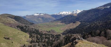 A mountainous landscape with a valley, forested areas, and snow-capped peaks in the distance.