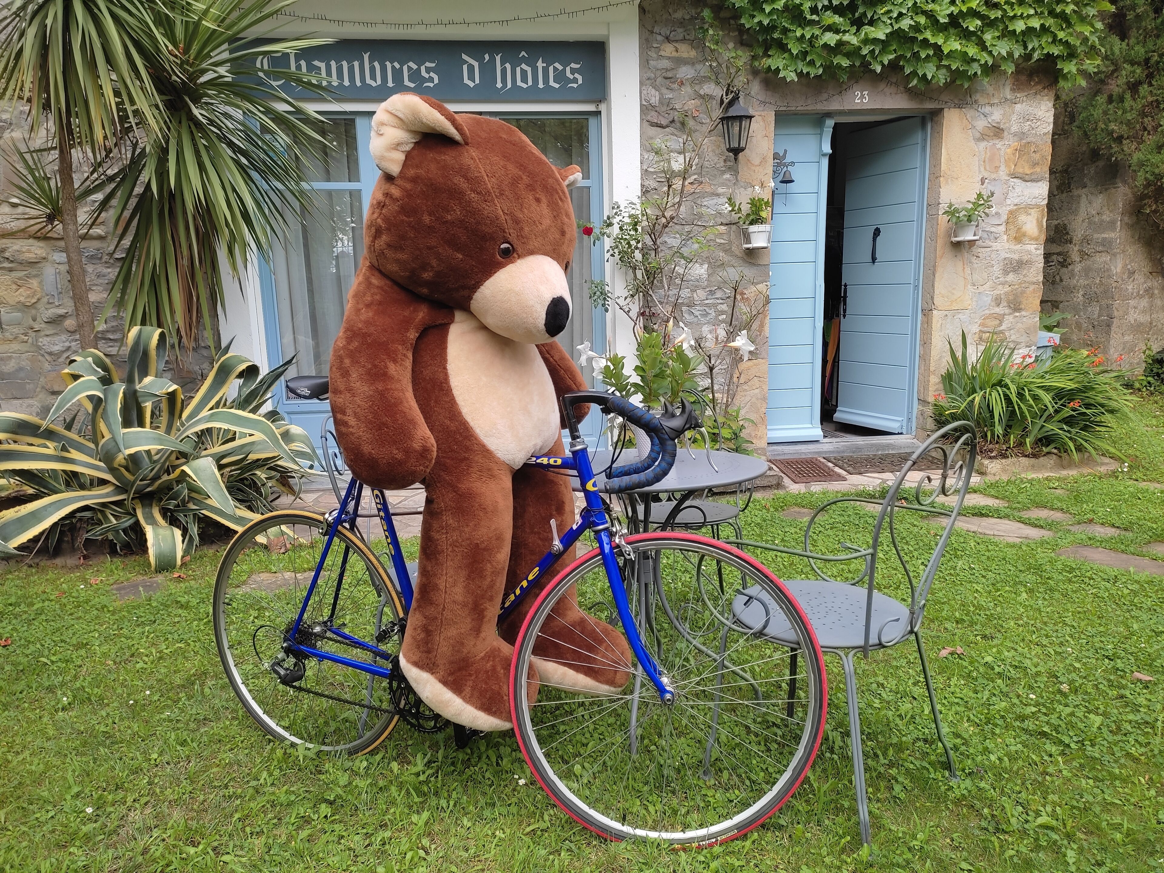 Un peluche grande sentado en una bicicleta azul frente a un edificio con fachada de piedra y una puerta azul.