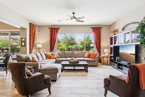 Smart TV, fireplace, video games, DVD player