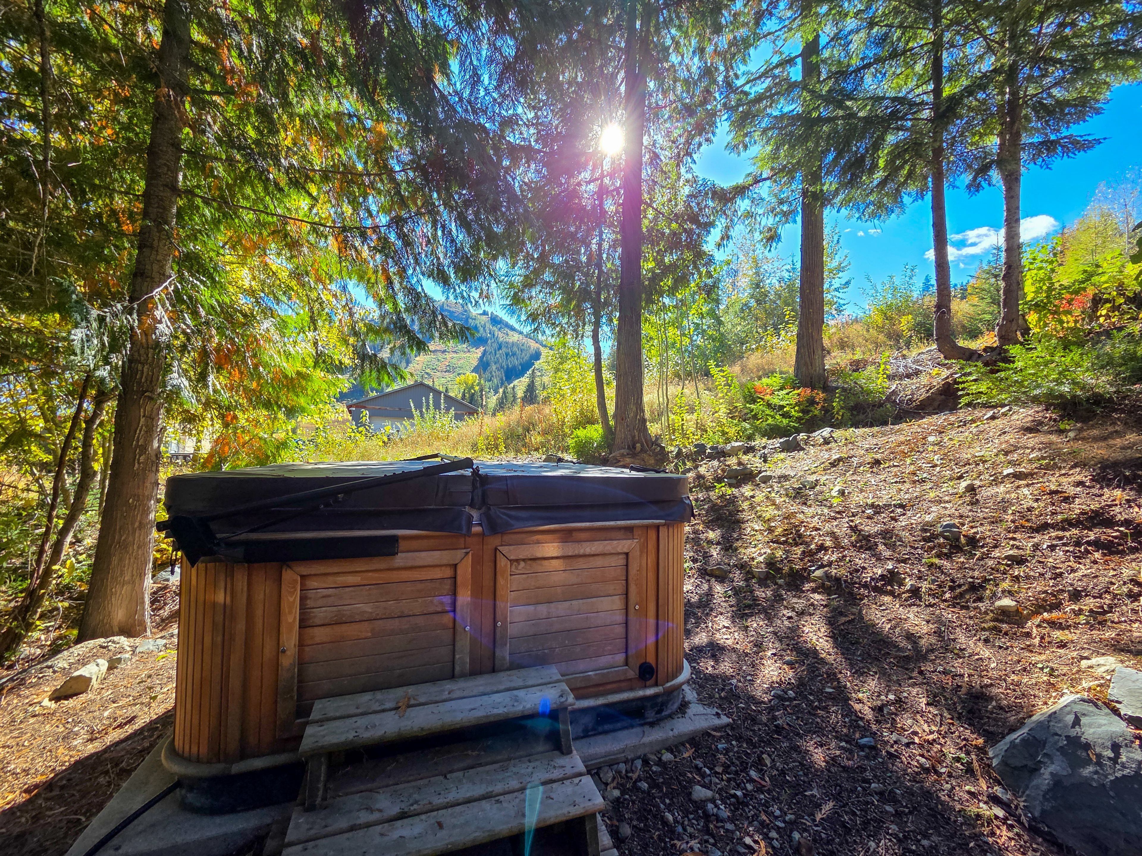 Una vasca idromassaggio in una zona boschiva, con una baita sullo sfondo.