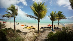 A beach with palm trees, a wooden walkway, and colorful beach umbrellas.