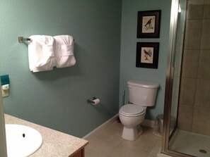 Une salle de bain avec des toilettes, un lavabo et une douche.