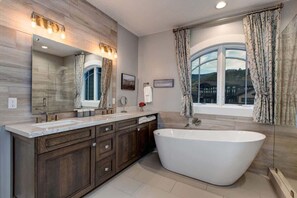 Bathtub, hair dryer, shampoo