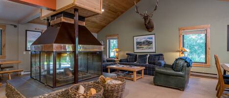 Smart TV, fireplace, DVD player, music library