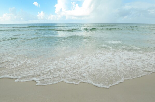 On the beach, sun loungers