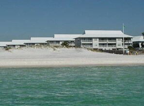 On the beach, sun-loungers