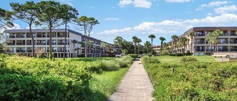 A pathway leading to a building with multiple floors and balconies, surrounded by greenery and palm trees.