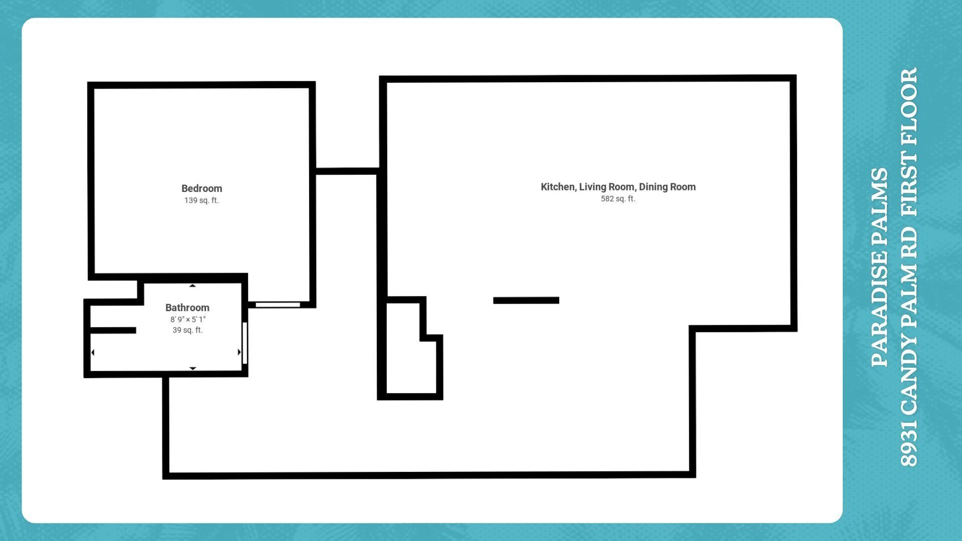A floor plan with a bedroom (139 sq. ft.), a bathroom (39 sq. ft.), and a combined kitchen, living room, and dining room area (582 sq. ft.).