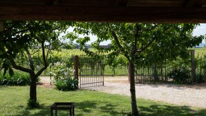 A covered outdoor area with a wooden table and benches, surrounded by trees and a fenced garden. - Vacation home La Vigna with Pool (San Toma')