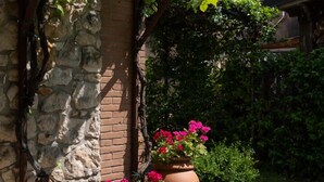 A stone wall with a vine, a bench, and a potted plant with pink flowers. - Vacation home La Vigna with Pool (San Toma')