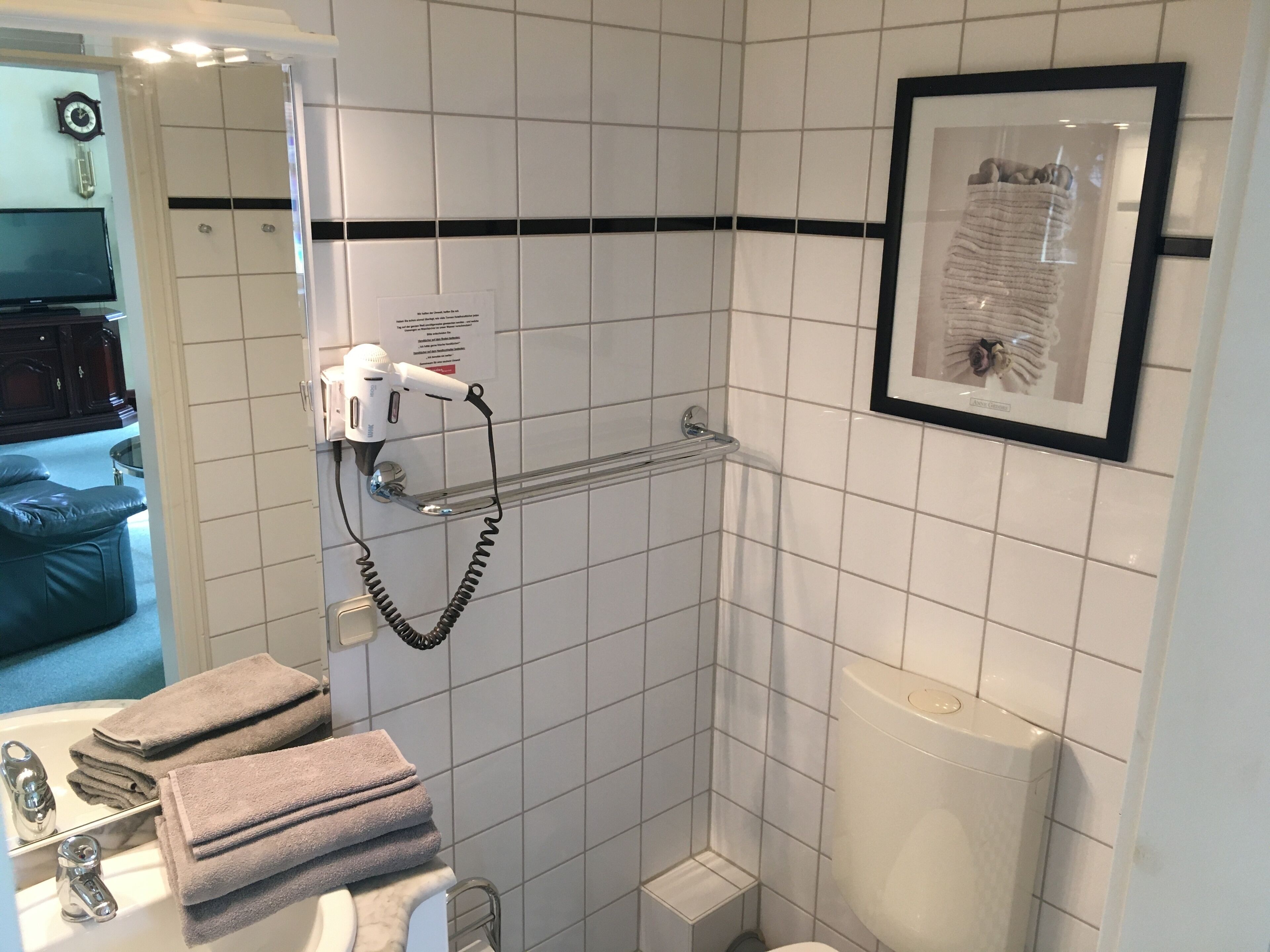 Une salle de bain avec une douche, des toilettes et un lavabo. Un sèche-cheveux est fixé au mur et un tableau encadré est accroché au-dessus des toilettes.
