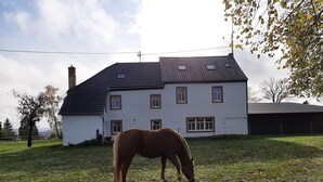 Una casa con techo inclinado, patio cercado y un caballo pastando.
