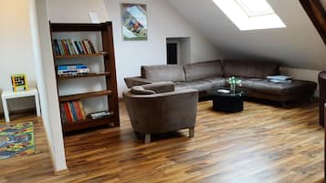 Smart TV, fireplace, books