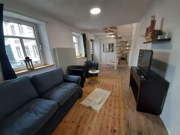 Smart TV, fireplace, books