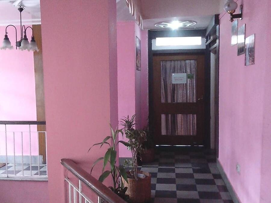 Un pasillo de paredes rosadas con piso a cuadros, una escalera con barandilla y una planta en maceta.
