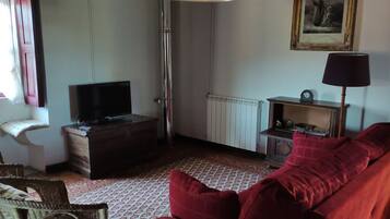 Una sala de estar con sofá, televisor y radiador.