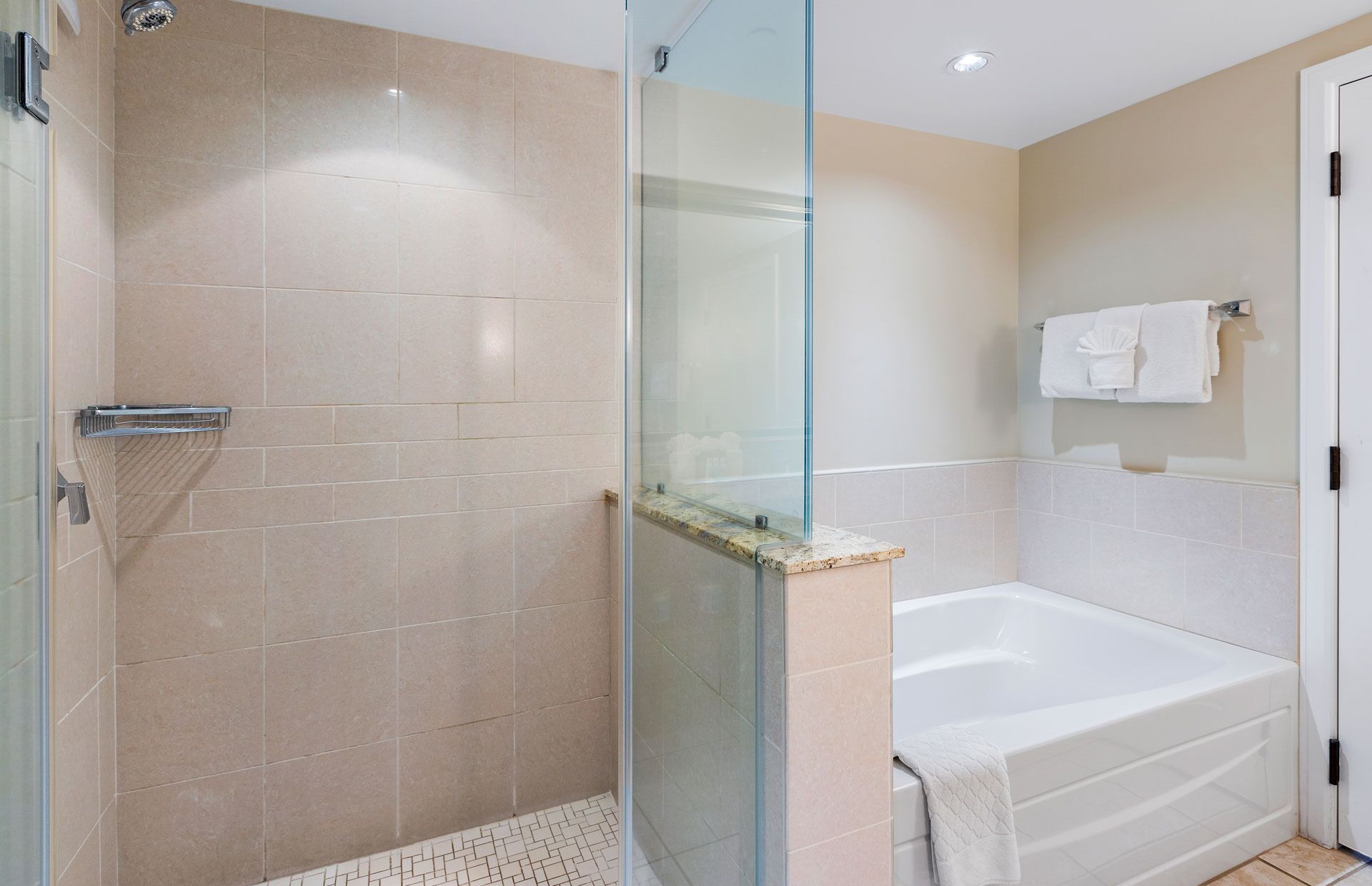 Un baño moderno con ducha envuelta en vidrio, una bañera blanca y una puerta de cristal.