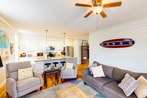 TV, fireplace, DVD player, books