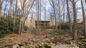 A rustic cabin surrounded by a forest with a stream in the foreground. - Draggin Fly- Romantic Getaway! River Frontage - Hot Tub - Firepit (Vilas)