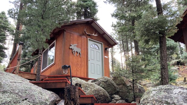 Eine rustikale Holzhütte mit einer Holzwandfassade, einer Dekoration mit Hirschgeweih und einer Tür mit Fenster.