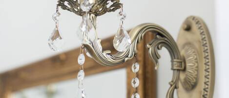 A chandelier with crystal decorations.